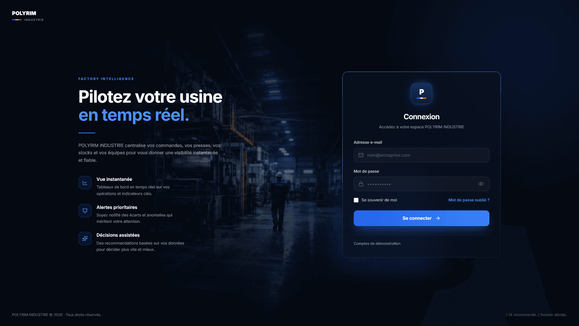 Écran de connexion réel de Polyrim Factory Intelligence